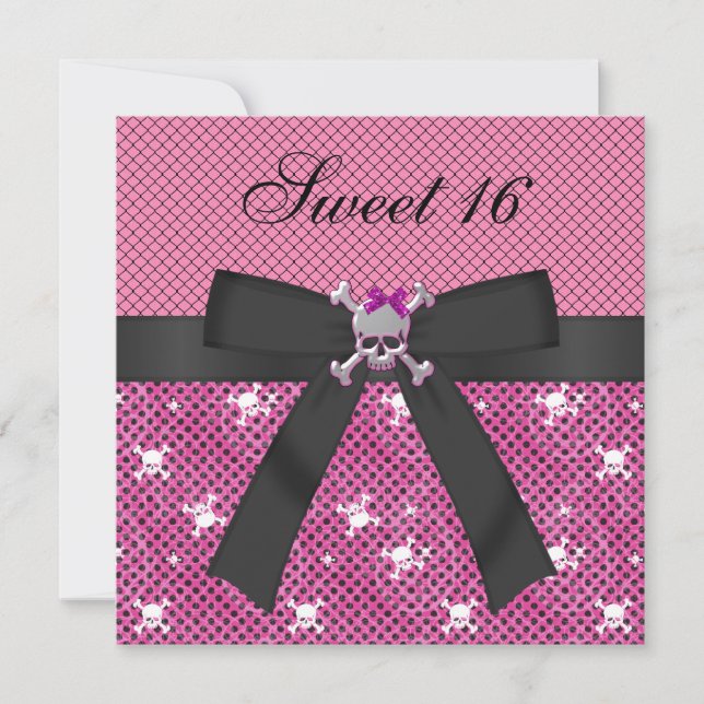 Sweet 16 Niedlich Skulls & Polka Dots Pink Invites Einladung (Vorderseite)