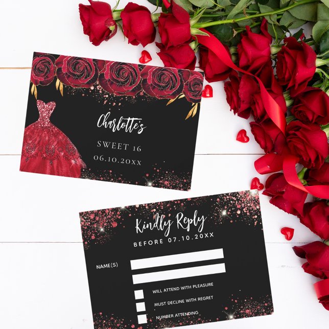 Sweet 16 noir rouge réponse robe RSVP carte (Créateur téléchargé)