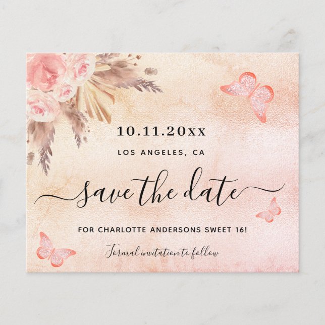 Sweet 16 Pampas blush Budget Save the Date Flyer (Vorne)