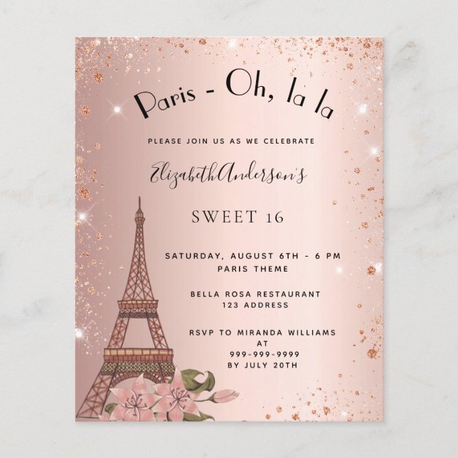 Sweet 16 Paris Rose Gold Glitzer Einladung Flyer (Vorne)