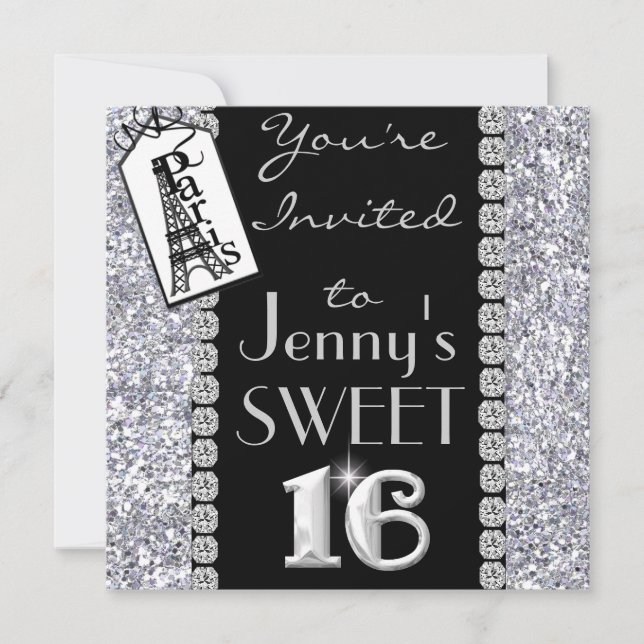SWEET 16 Paris Theme Bling Party Einladung (Vorderseite)