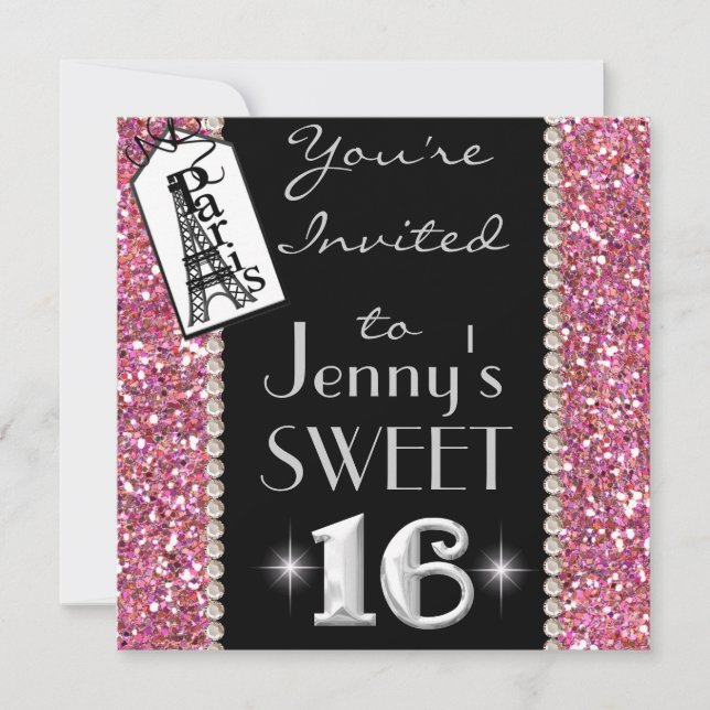 SWEET 16 Paris THEME Party Invitation avec BLING! (Devant)