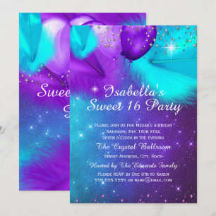Sweet 16 Party Aquamarin Lila Silberballons Einladung