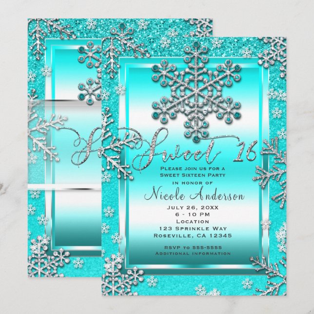 SWEET 16 Party Aquamariner Glitzer Glam Winter Sch Einladung (Vorne/Hinten)