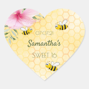 Sweet 16 Party Bee Happy Hummeln Honigwabe Herz-Aufkleber