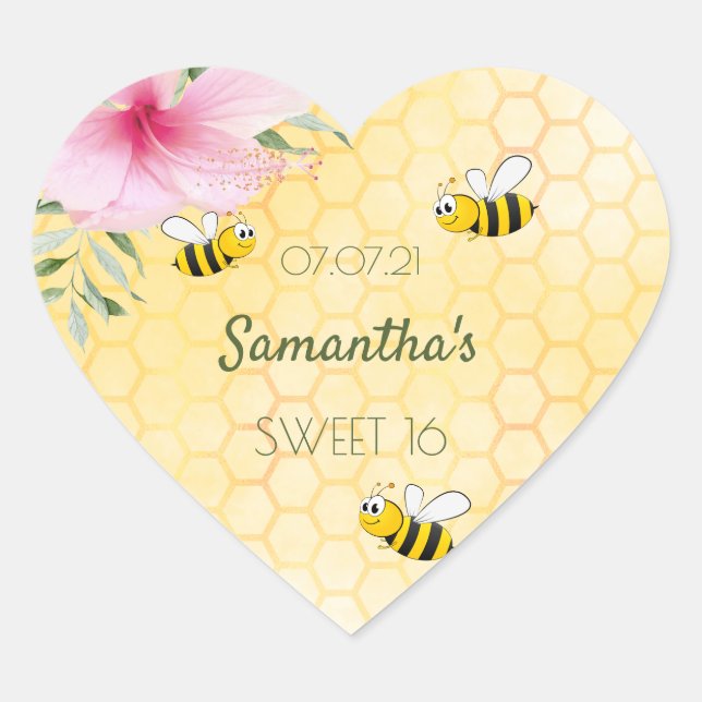 Sweet 16 Party Bee Happy Hummeln Honigwabe Herz-Aufkleber (Vorderseite)