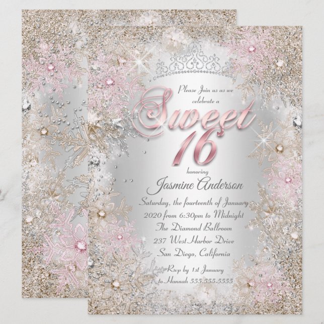 Sweet 16 Party Beige Pink Silver Winter Wunderland Einladung (Vorne/Hinten)