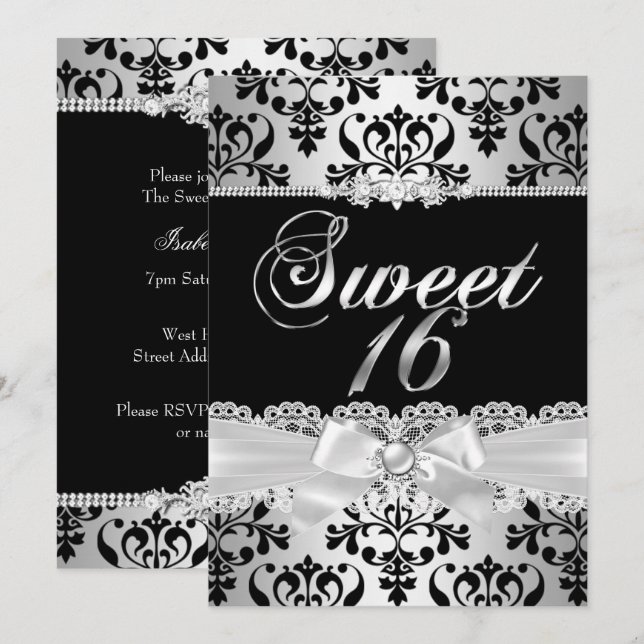 Sweet 16 Party Black Silver Damask Pearl Bow Einladung (Vorne/Hinten)