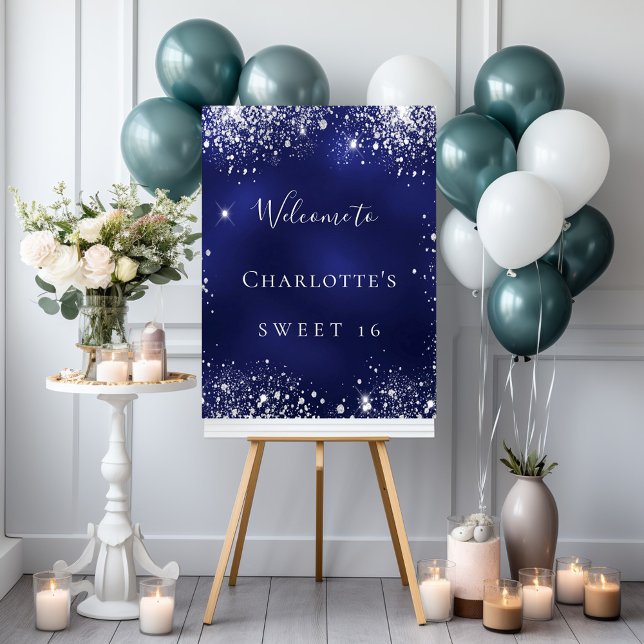Sweet 16 Party blau silber Glitzer strahlt Empfang Poster (Von Creator hochgeladen)
