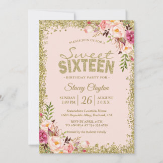 Sweet 16 Party - Blush Pink Gold Glitzer Blütenblü Einladung