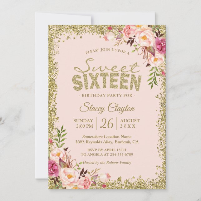Sweet 16 Party - Blush Pink Gold Glitzer Blütenblü Einladung (Vorderseite)