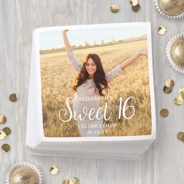 Sweet 16 Party Chic Trendy Script & Foto Modern Serviette (Von Creator hochgeladen)