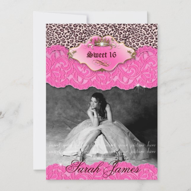 Sweet 16 Party Einladend Leopard Crown Pink Einladung (Vorderseite)