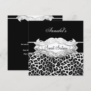 Sweet 16 Party Elegant Schwarz-weiß Leopard Einladung