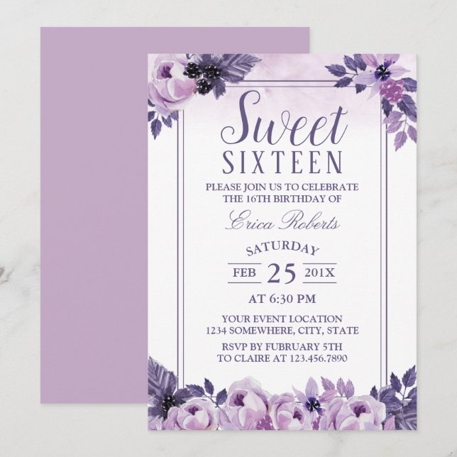 Sweet 16 Party Elegante Wasserfarbe Lila Einladung (Vorne/Hinten)