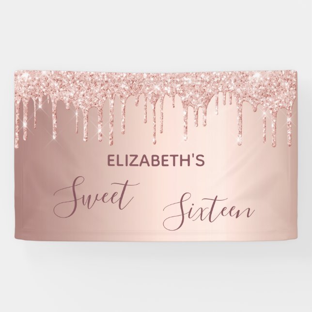 Sweet 16 Party errötet Rose Gold Glitzer Tropfen Banner (Horizontal)