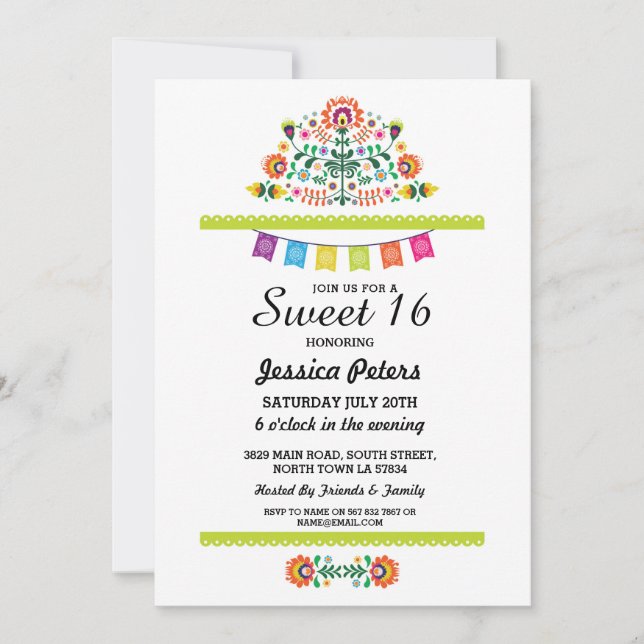 Sweet 16 Party Floral Fiesta Mexikanischer Geburts Einladung (Vorderseite)