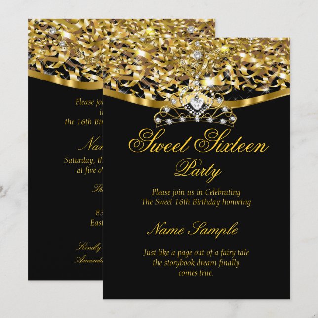 Sweet 16 Party Glitzer Gold Black Einladung (Vorne/Hinten)