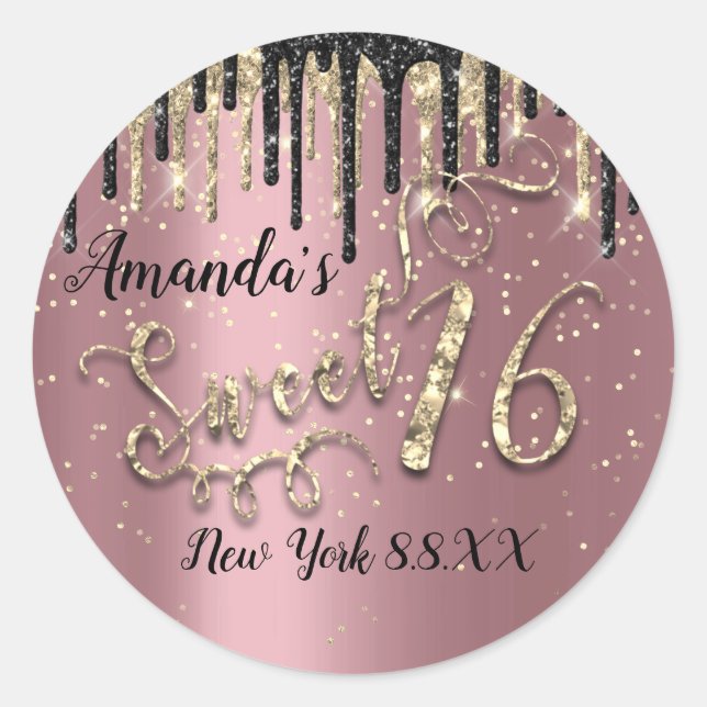 Sweet 16. Party Glitzer Gold Confetti Rose Tropfen Runder Aufkleber (Vorderseite)
