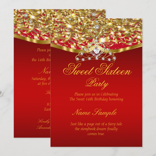 Sweet 16 Party Glitzer Red Gold Einladung (Vorne/Hinten)