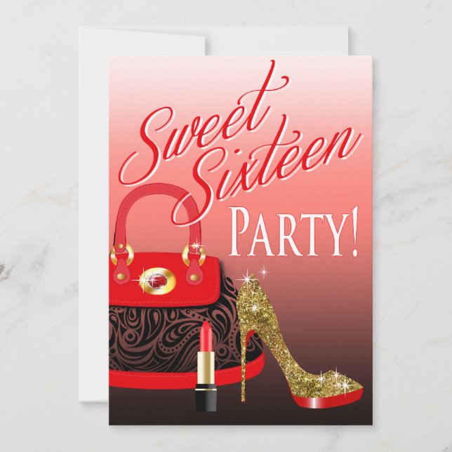 Sweet 16 Party Glitzer Stiletto Purse & Lipstick Einladung (Vorderseite)