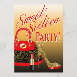 Sweet 16 Party Glitzer Stiletto Purse & Lipstick Einladung