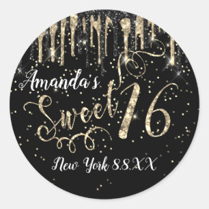 Sweet 16. Party Gold Confetti Tropfen Schwarz-weiß Runder Aufkleber