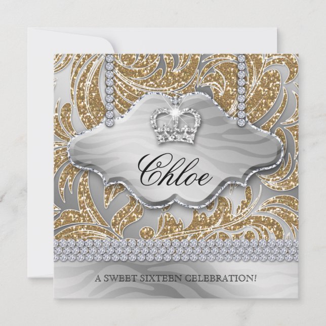 Sweet 16 Party Gold Crown Jewelry Blätter Einladung (Vorderseite)