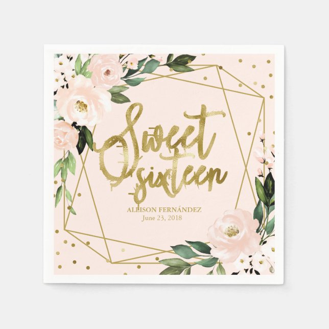 Sweet 16 Party Gold Foil Blush Pink Floral Serviette (Vorderseite)