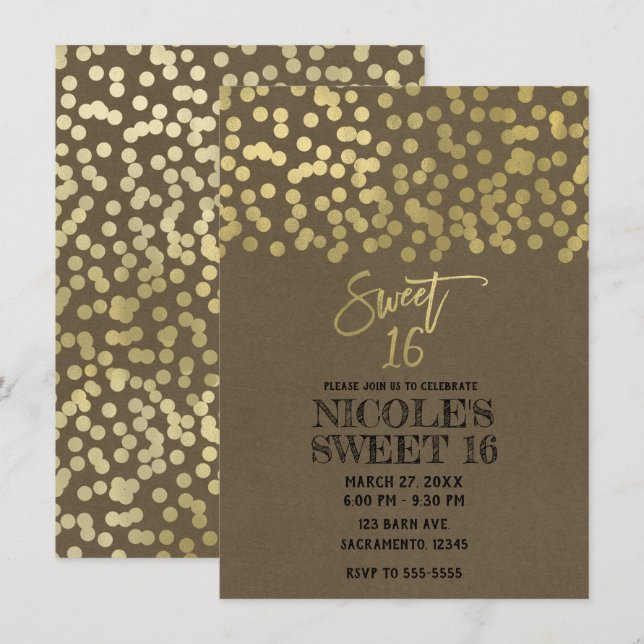 Sweet 16 Party Gold Foil Moderne schicke rustikale Einladung (Vorne/Hinten)