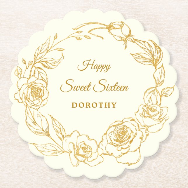 Sweet 16 Party Gold Rose Elfenbeinweiß Untersetzer (Vorderseite)