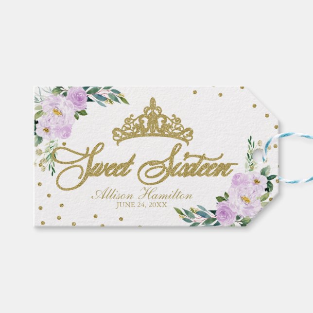 Sweet 16 Party Gold Tiara Lavender Floral Geschenkanhänger (Vorderseite (Horizontal))