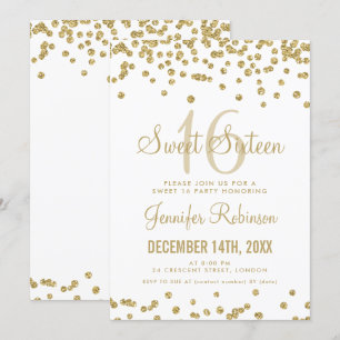 Sweet 16 Party Gold & White Glitzer Confetti Einladung