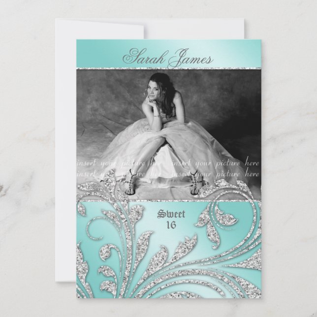 Sweet 16 Party Grad Glitzer Blätter Mint Green Einladung (Vorderseite)