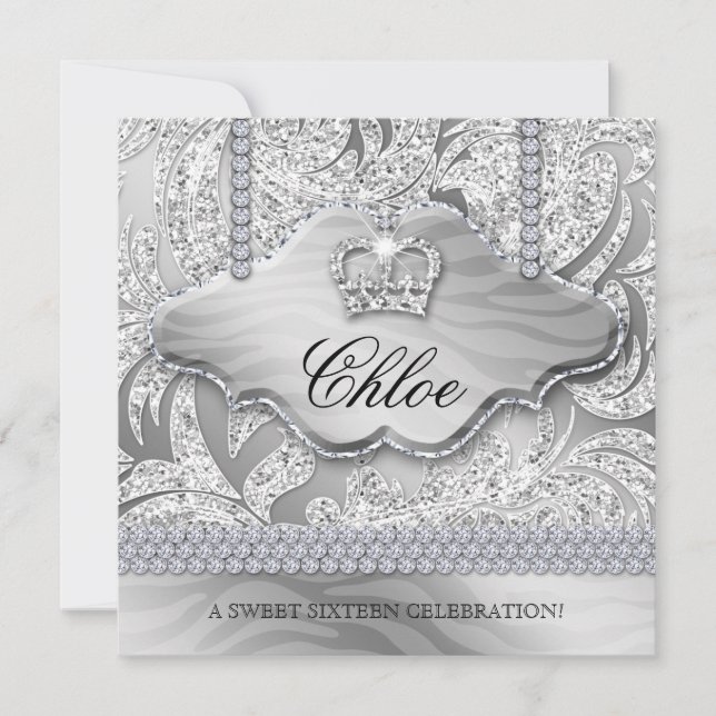 Sweet 16 Party Grad White Crown Jewelry Blätter Einladung (Vorderseite)