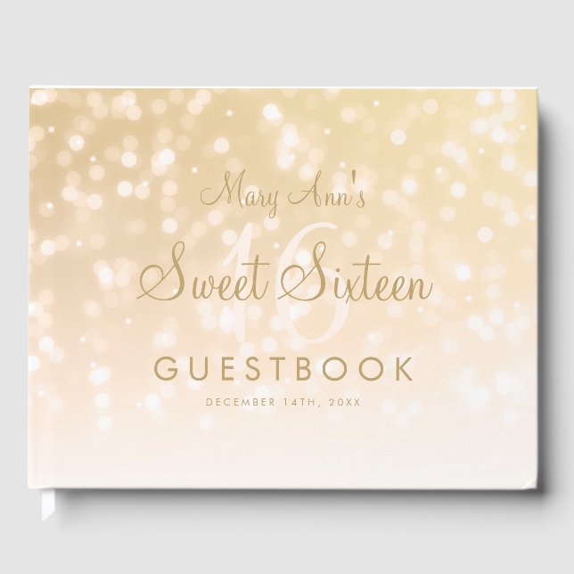 Sweet 16 Party Guestbook Gold Bokeh Sparkle Lights Gästebuch (Vorderseite)