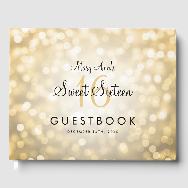 Sweet 16 Party Guestbook Gold Glitzer Lights Gästebuch (Vorderseite)
