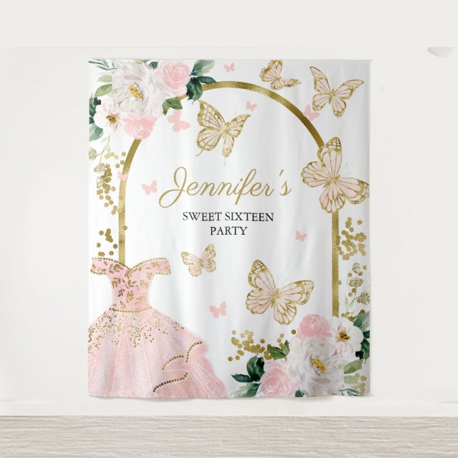 Sweet 16 Party Hintergrund - Schmetterlingsblumenk Wandteppich (Vorderseite)