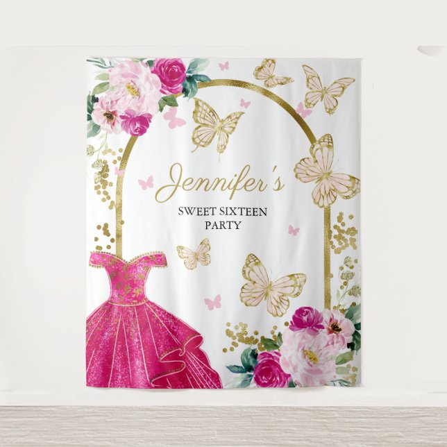 Sweet 16 Party Hintergrund - Schmetterlingsblumenk Wandteppich (Vorderseite)