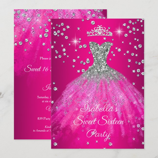 Sweet 16 Party HOT Pink Kleid TIARA Einladung (Vorne/Hinten)