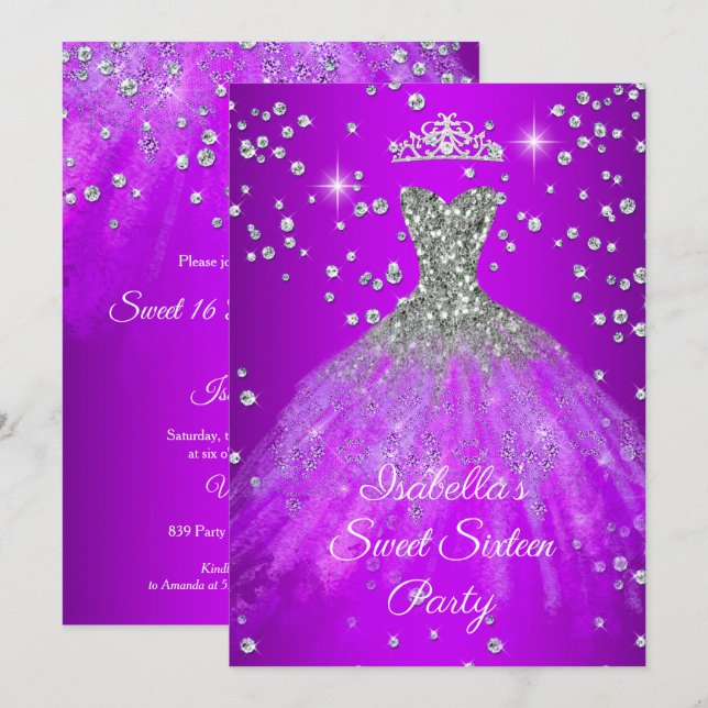 Sweet 16 Party Lila Funkelkleid TIARA Einladung (Vorne/Hinten)