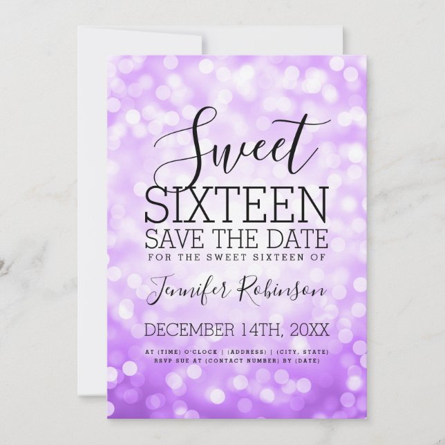 Sweet 16 Party Lila Glitzer Lights Save The Date (Vorderseite)