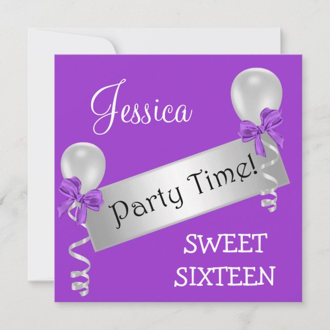Sweet 16 Party Lila White Silver Bows Balloons Einladung (Vorderseite)
