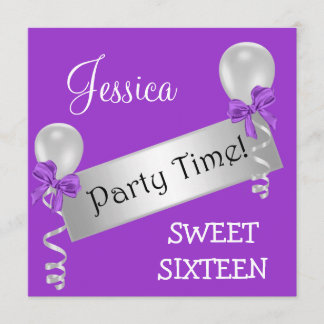 Sweet 16 Party Lila White Silver Bows Balloons Einladung