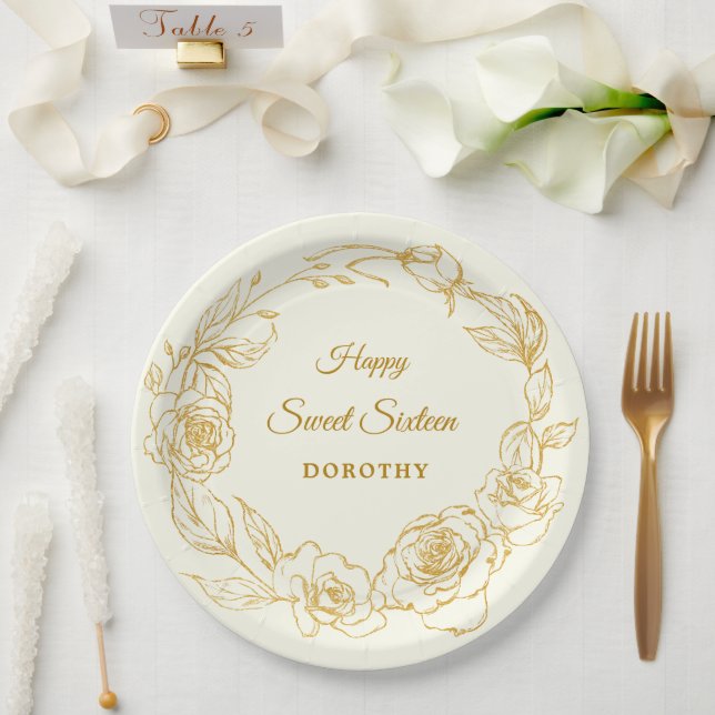 Sweet 16 Party Luxe Gold Rose Floral Elfenbein Pappteller (Hochzeit)
