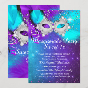 Sweet 16 Party Maske Aquamarine Lila Silbermasquer Einladung