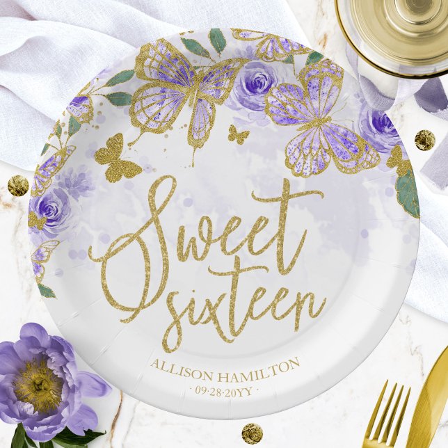 Sweet 16 Party Paper Plate Lila Butterfly Floral Pappteller (Von Creator hochgeladen)