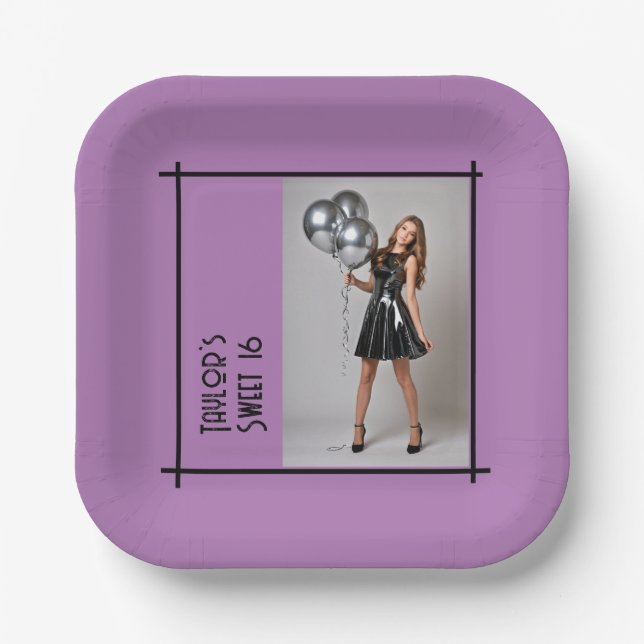 Sweet 16 Party Papier Serviette lila lila schwarz Pappteller (Vorderseite)