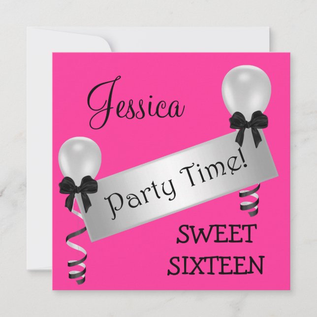 Sweet 16 Party Pink Black Silver Bows Balloons Einladung (Vorderseite)