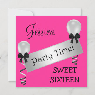 Sweet 16 Party Pink Black Silver Bows Balloons Einladung
